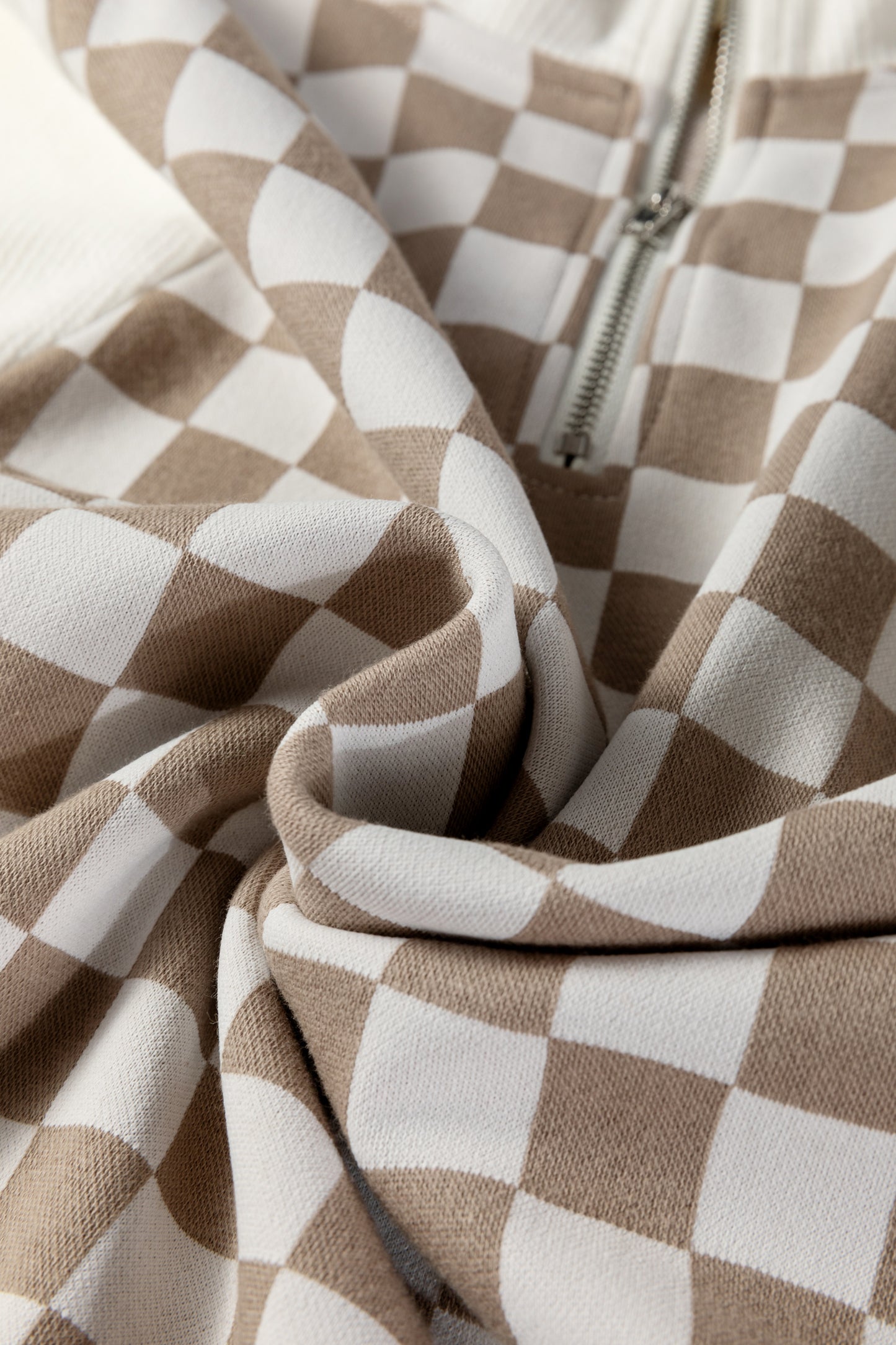 Khaki Checkered Print Quarter Zip Ribbed Patchwork Loose Sweatshirt