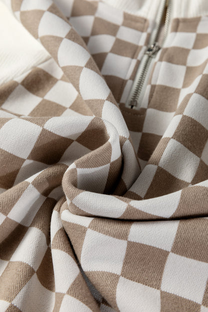 Khaki Checkered Print Quarter Zip Ribbed Patchwork Loose Sweatshirt