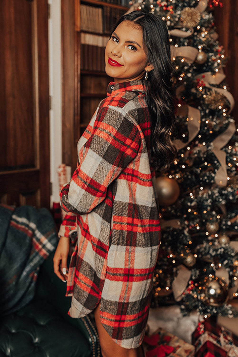 Red Brushed Plaid Buttoned Front Side Slit Tunic Shacket