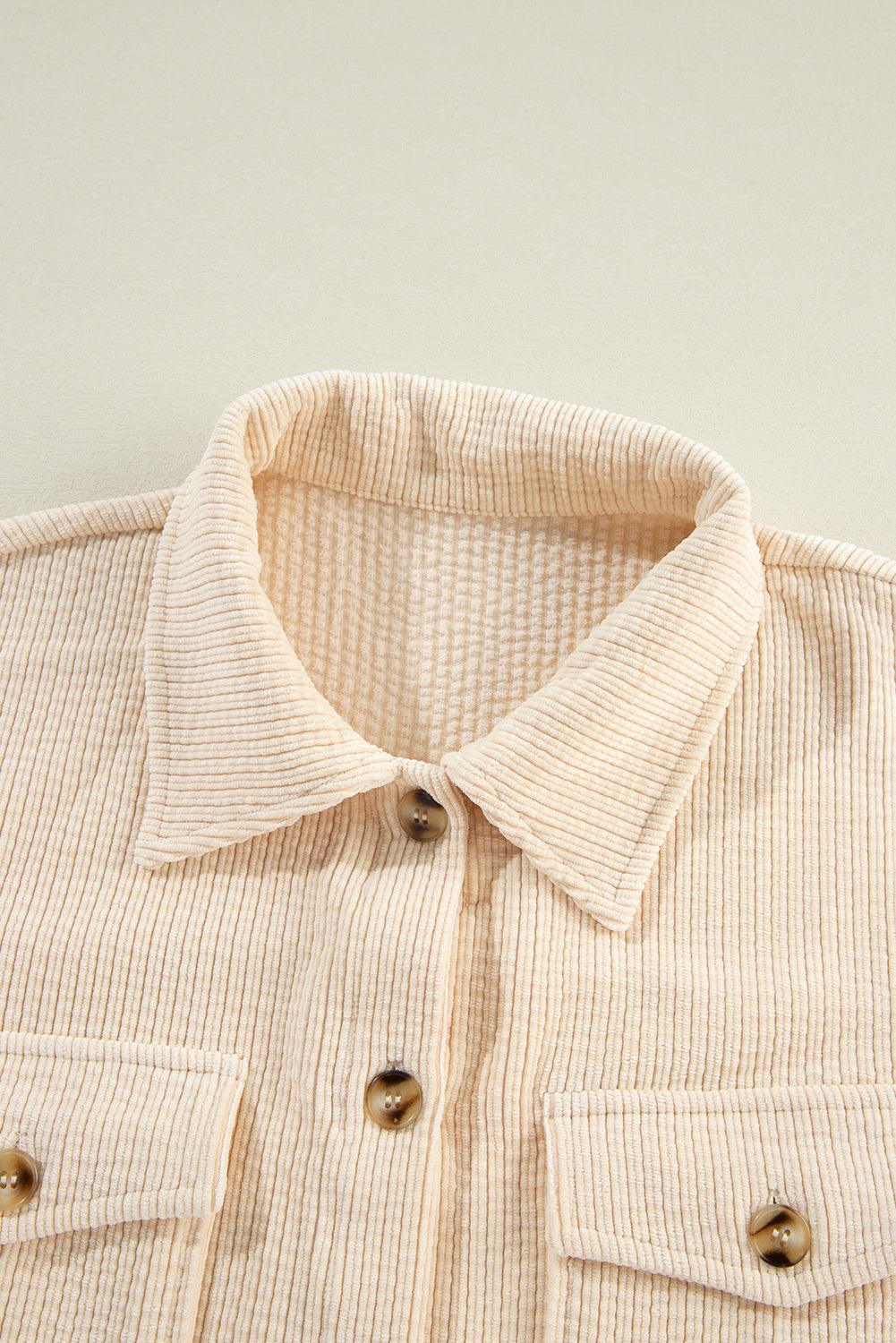 Oatmeal Corduroy Flap Pocket Button Up Shacket - L & M Kee, LLC