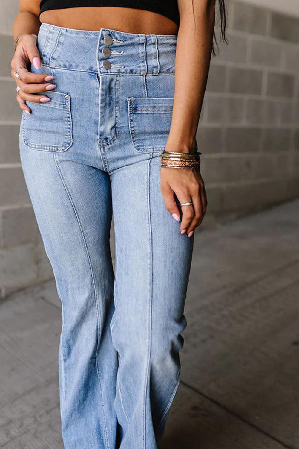 Light Blue Fly Button Exposed Seam Patched Pocket Flare Jeans - L & M Kee, LLC