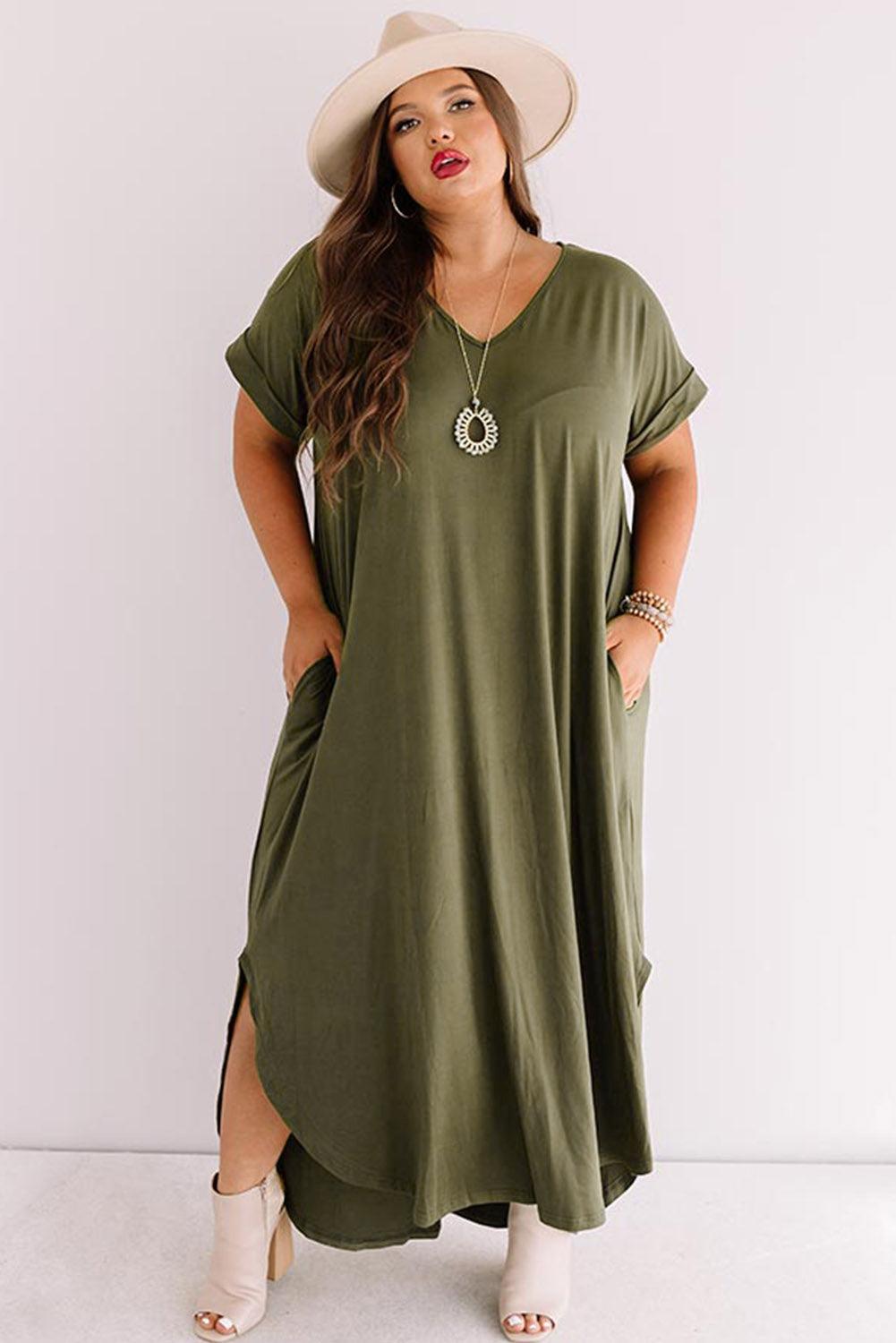 Plus Size V Neck Rolled Cuffs Maxi Dress - L & M Kee, LLC