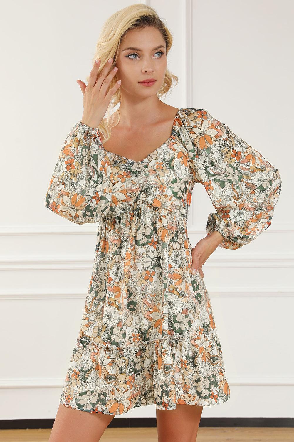 Floral Print Smocked Back Puff Sleeve Mini Dress - L & M Kee, LLC