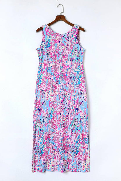 Purple Abstract Floral Print Sleeveless Maxi Dress