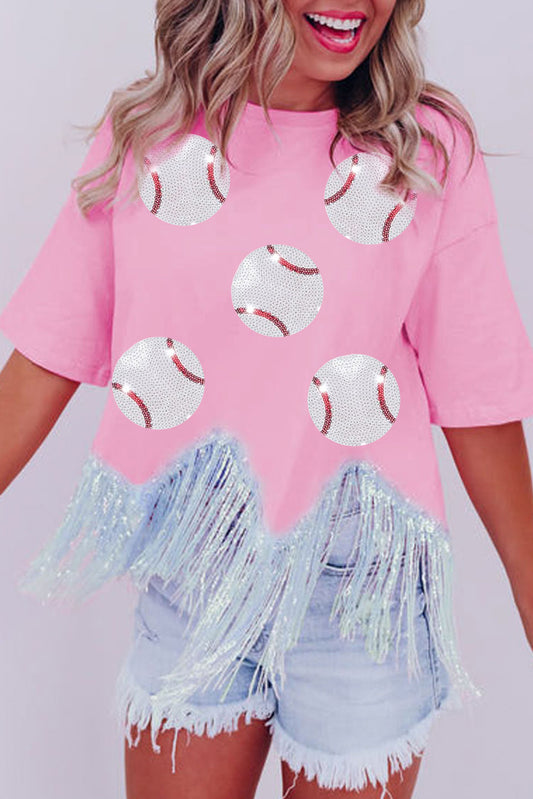 Pink Fringed Sequin Baseball Crop T Shirt