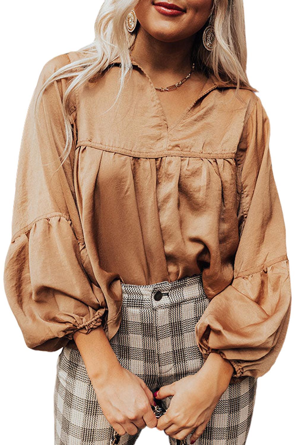Brown Puff Sleeve Collared Pleated Babydoll Blouse - L & M Kee, LLC