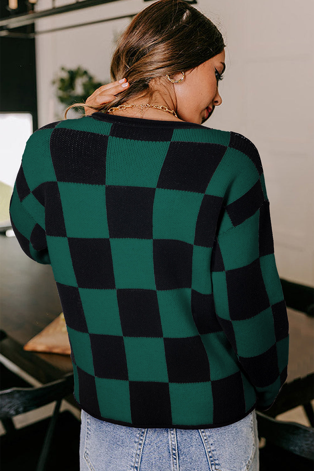 Green Checked Notched Neckline Drop Shoulder Knit Sweater