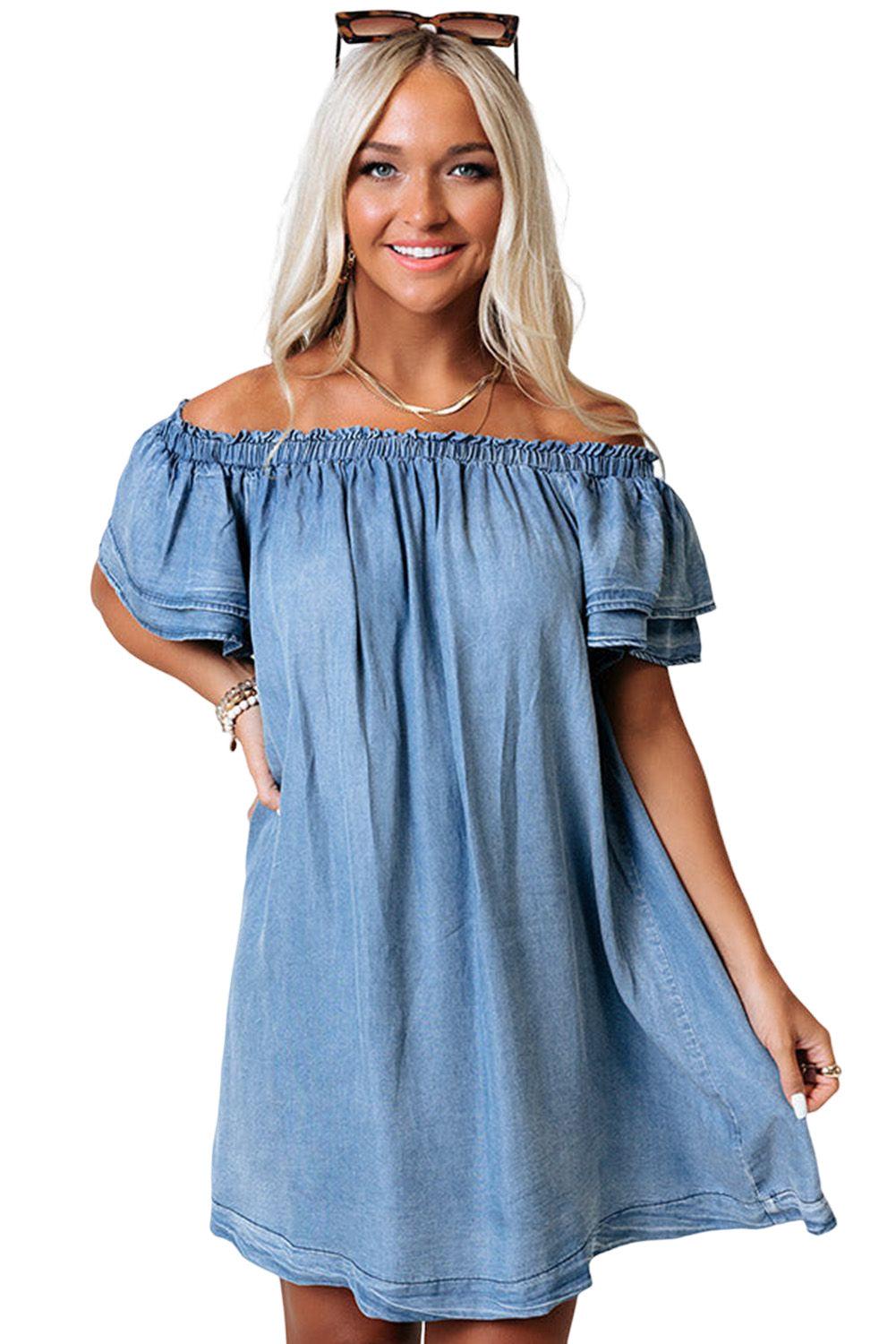 Off-shoulder Ruffle Sleeves Chambray Dress - L & M Kee, LLC