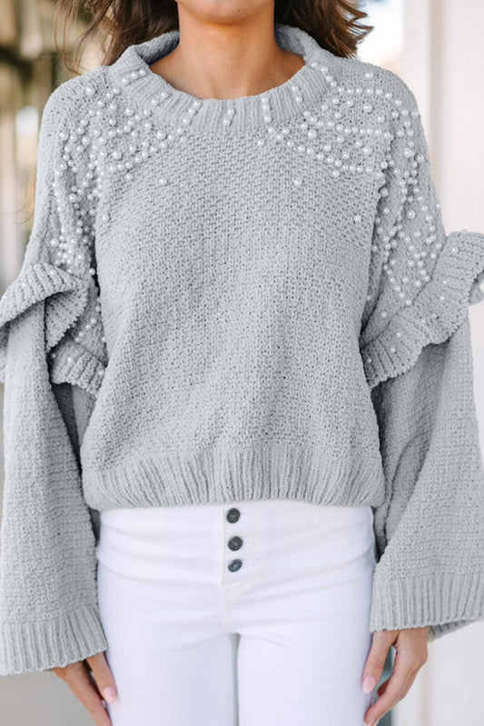 Gray Pearl Embellished Ruffle Wide Sleeve Sweater - L & M Kee, LLC
