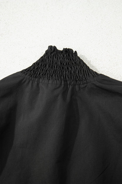 Black Puffy Flounce Sleeve Leopard Trim V Neck Blouse