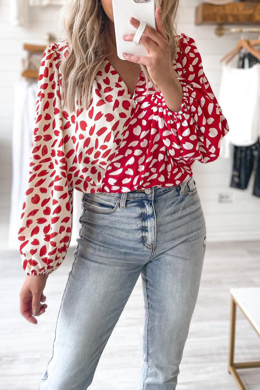 Red Petal Printed Long Sleeve Wrap V-Neck Bodysuit - L & M Kee, LLC