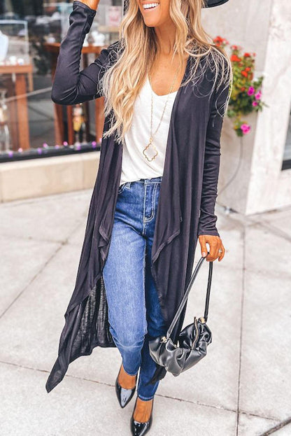 Black Draped Open Front Long Cardigan - L & M Kee, LLC