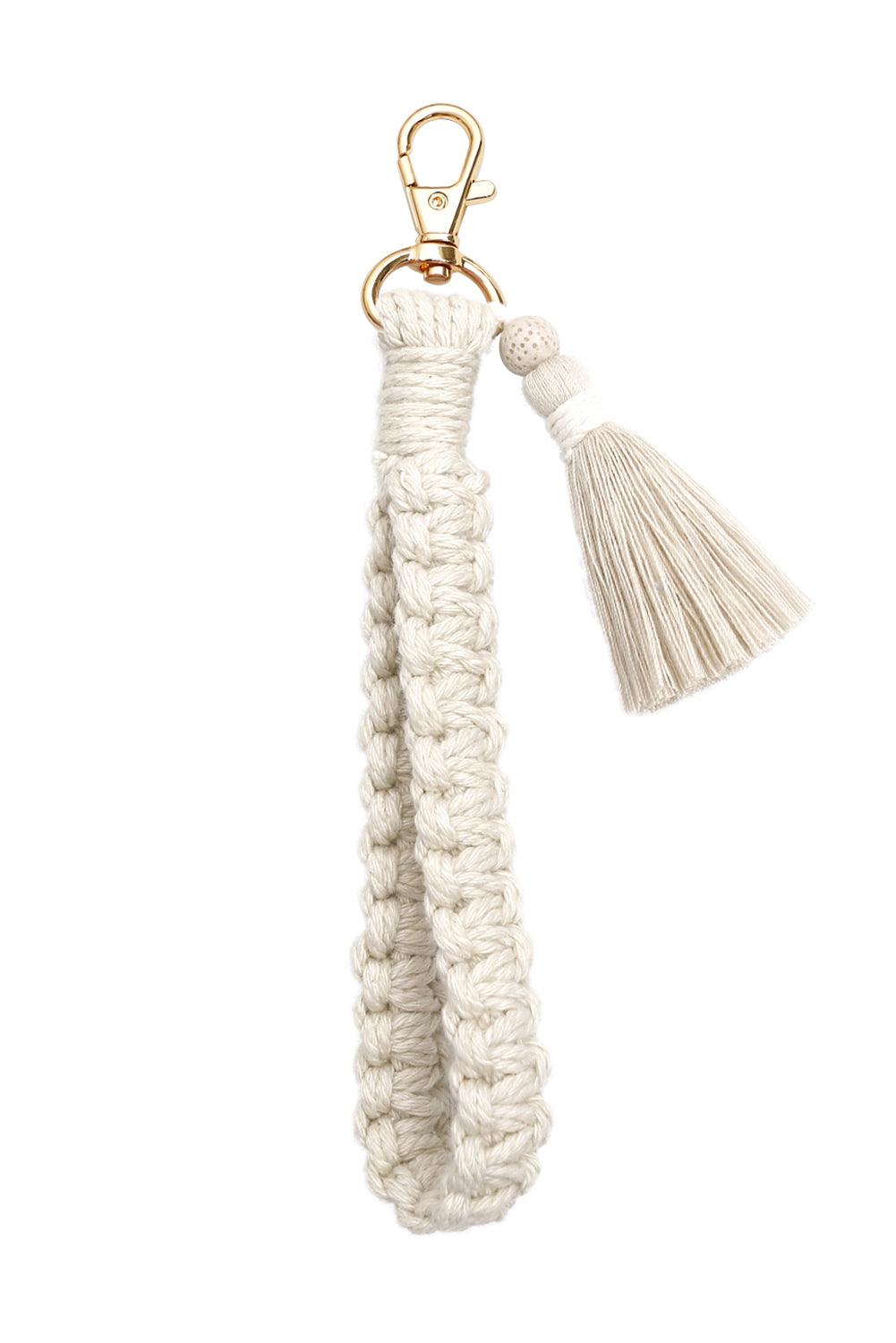 White Woven Tasseled Wrist Keychain - L & M Kee, LLC