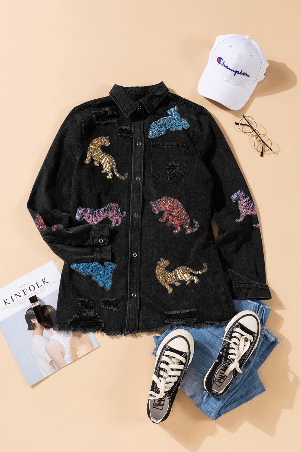 Black Glitter Tigers Graphic Raw Hem Frayed Denim Jacket - L & M Kee, LLC