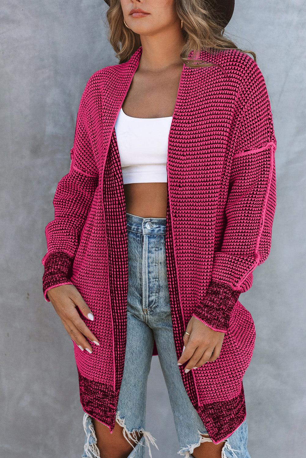 Rose Plaid Knitted Long Open Front Cardigan - L & M Kee, LLC