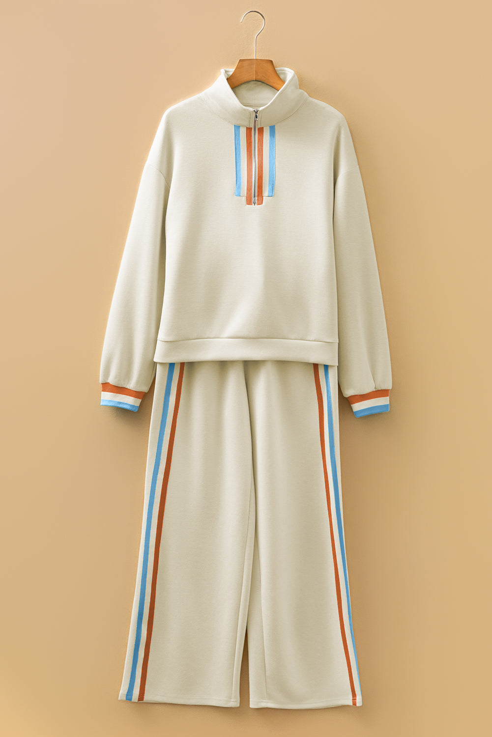 Gray Striped Patchwork Quarter Zip Pullover Loose Pant Set