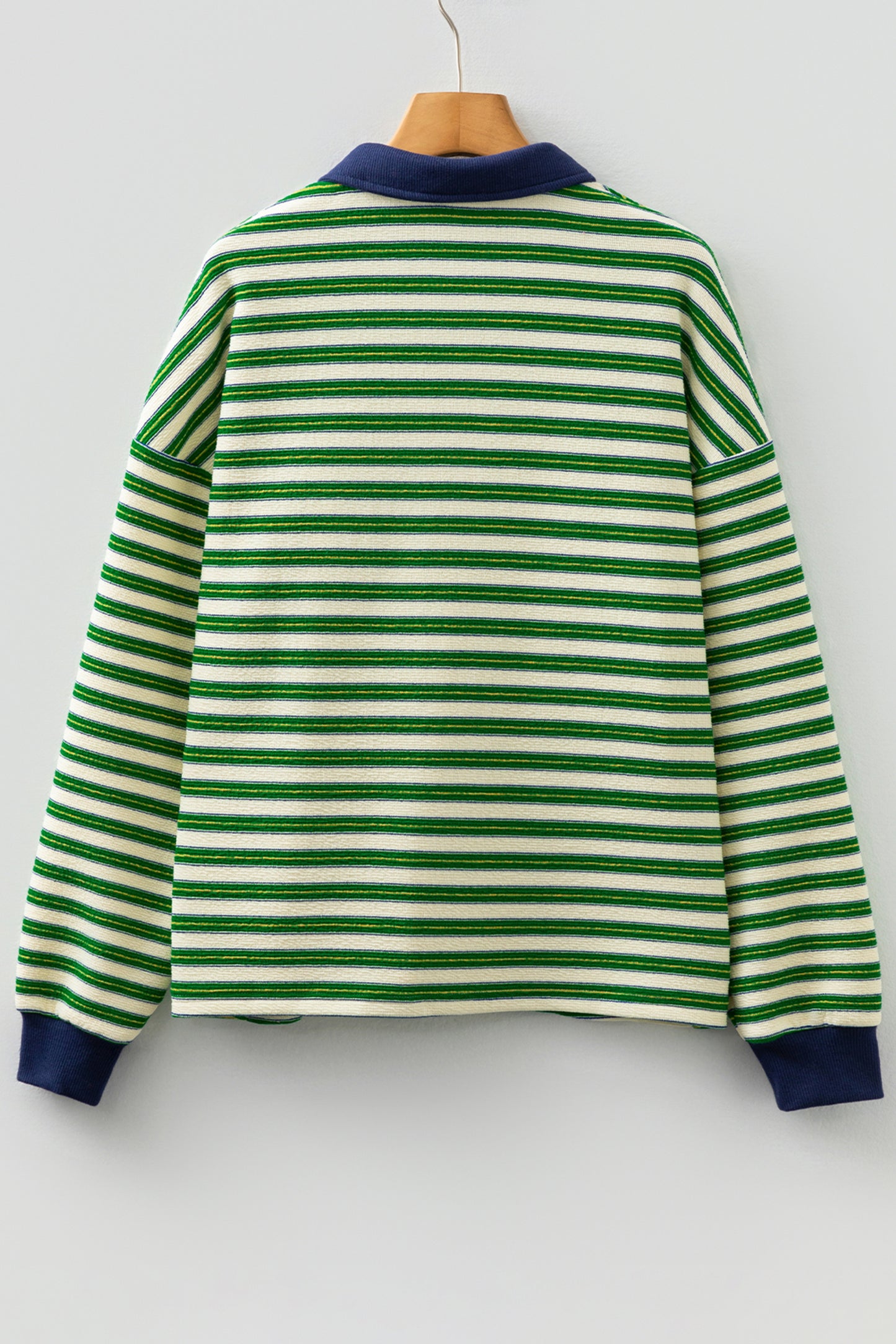 Dark Green Striped Print Contrast Collar Zip V Neck Long Sleeve Top