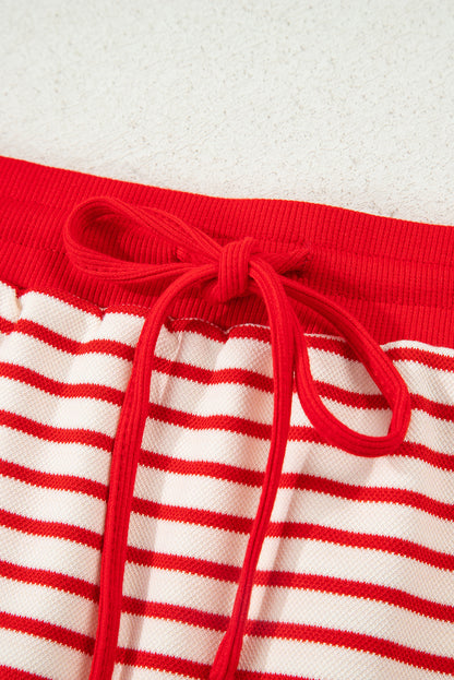 Red Stripe Collared V Neck Drop Shoulder Pullover and Skort 2pcs Outfit