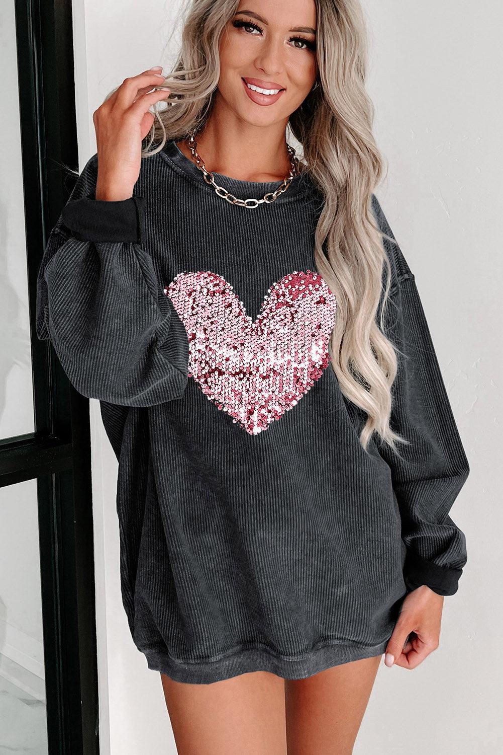 Black Sequin Heart Shaped Crewneck Corded Sweatshirt - L & M Kee, LLC