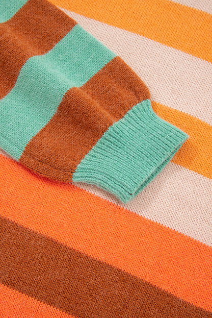 Orange Stripe Color Block High Neck Drop Shoulder Cozy Sweater