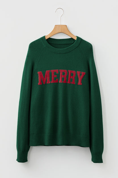 Blackish Green MERRY Letter Pattern Christmas Raglan Sleeve Sweater