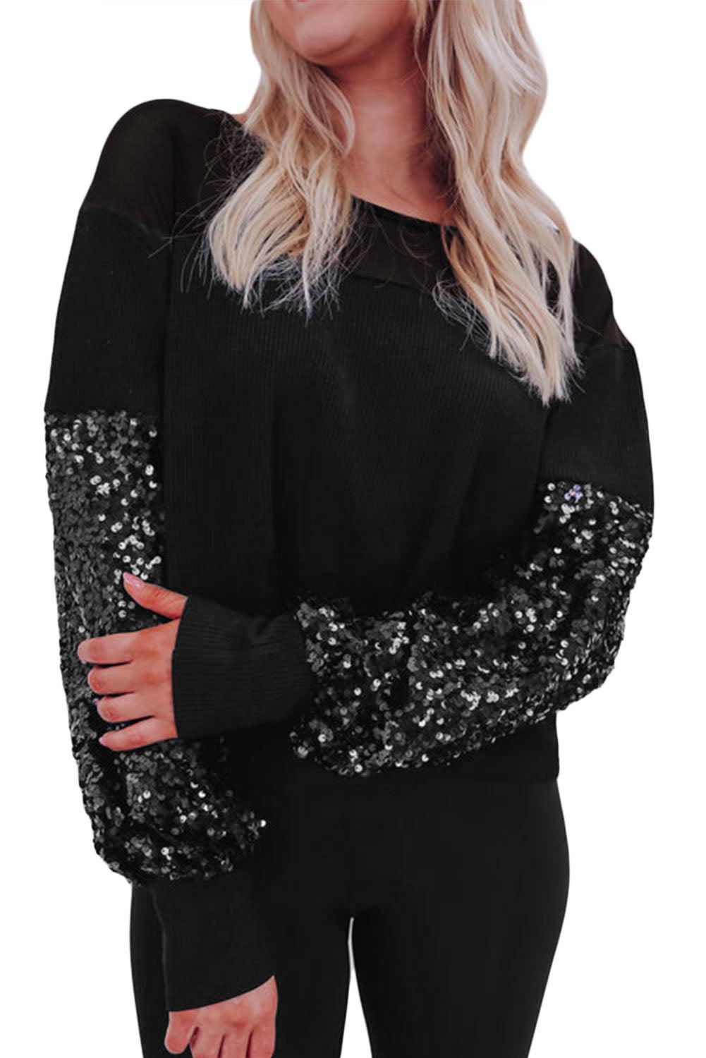 Black Sequin Patchwork Lantern Sleeve Blouse - L & M Kee, LLC