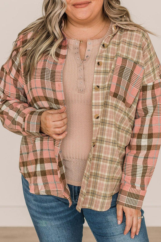Pink Plus Size Color Block Plaid Long Sleeve Shirt with Pocket - L & M Kee, LLC