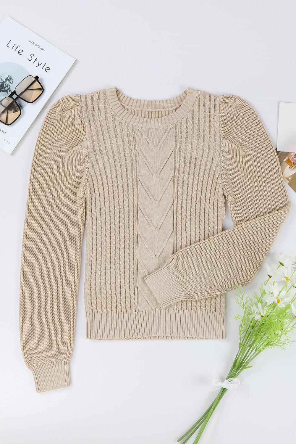 Apricot Cable Ribbed Knit Mix Pattern Puff Sleeve Sweater - L & M Kee, LLC