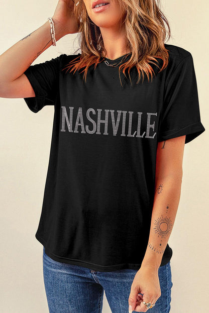 Black Rhinestone NASHVILLE Graphic Crewneck T Shirt - L & M Kee, LLC