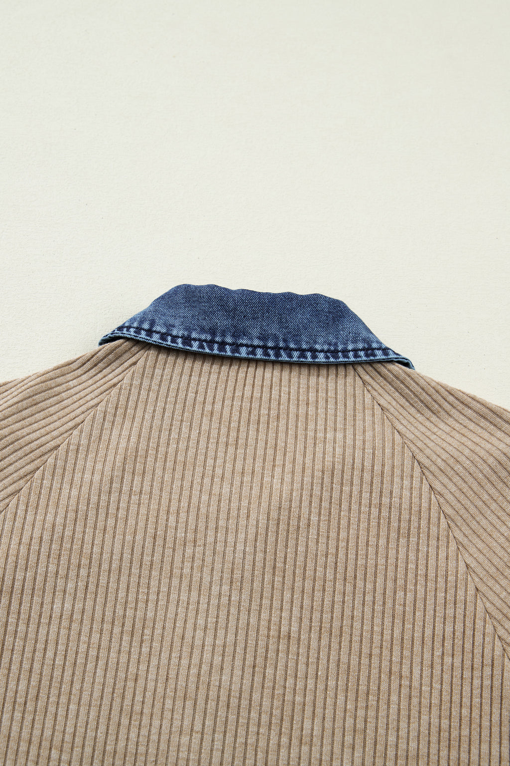 Beige Ribbed Knit Denim Patchwork Button Polo Collar Cuffed Long Sleeve Top