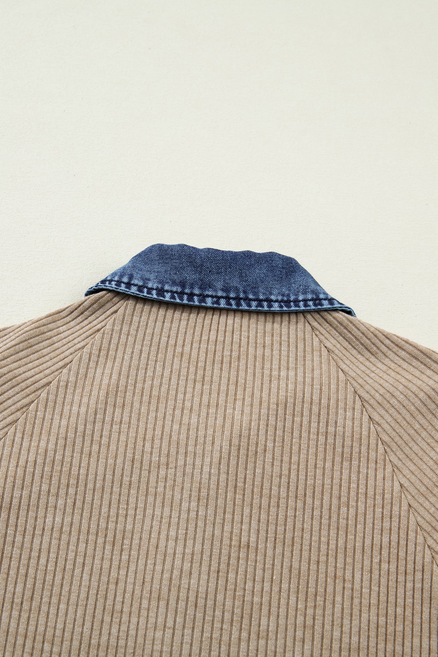 Beige Ribbed Knit Denim Patchwork Button Polo Collar Cuffed Long Sleeve Top