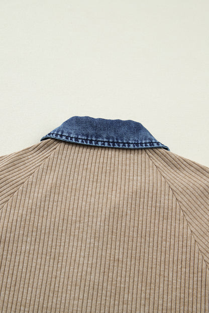 Beige Ribbed Knit Denim Patchwork Button Polo Collar Cuffed Long Sleeve Top