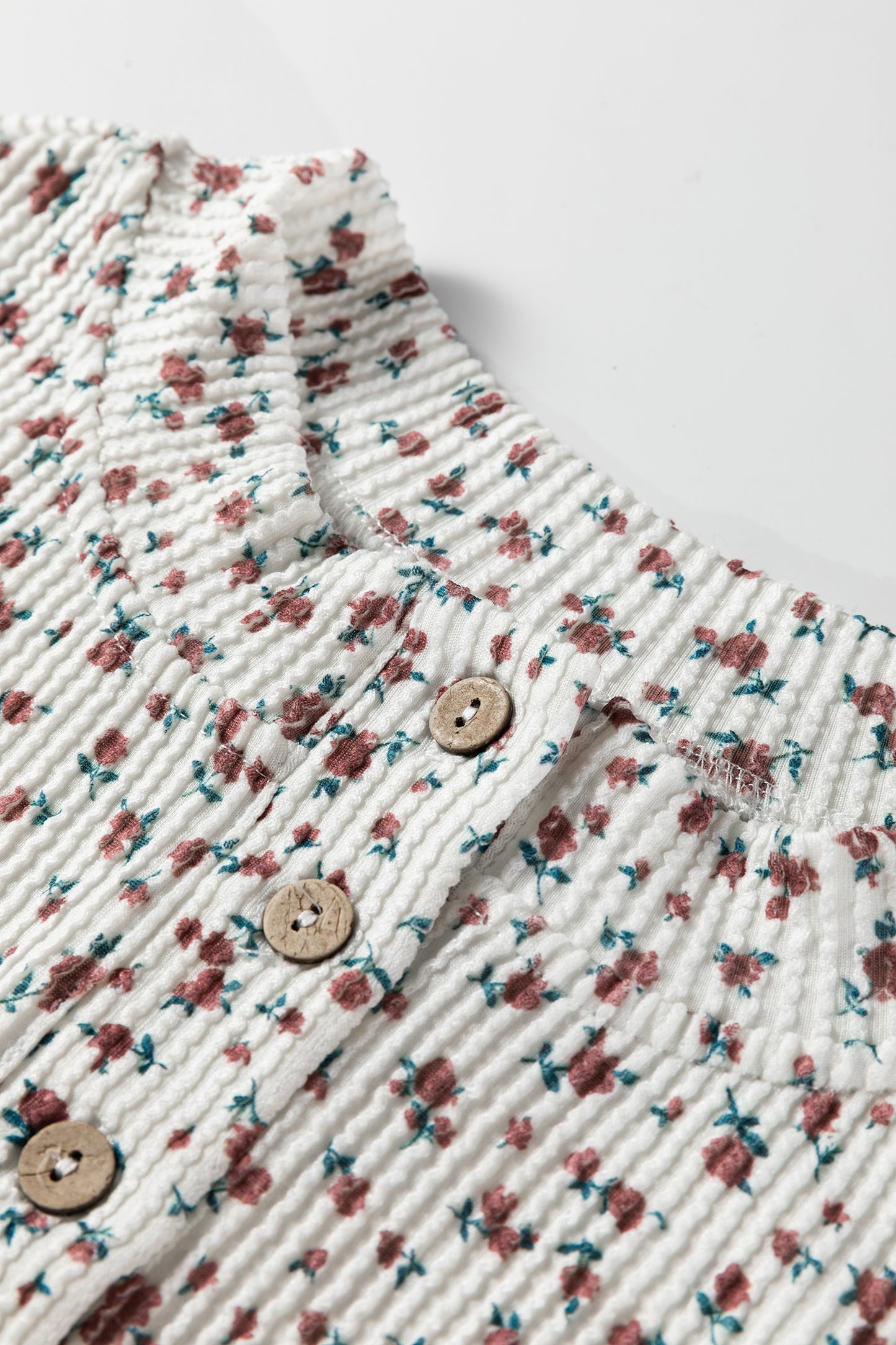 White Spiral Ribbed Floral Print Long Sleeve Henley Top Drawstring Short Set