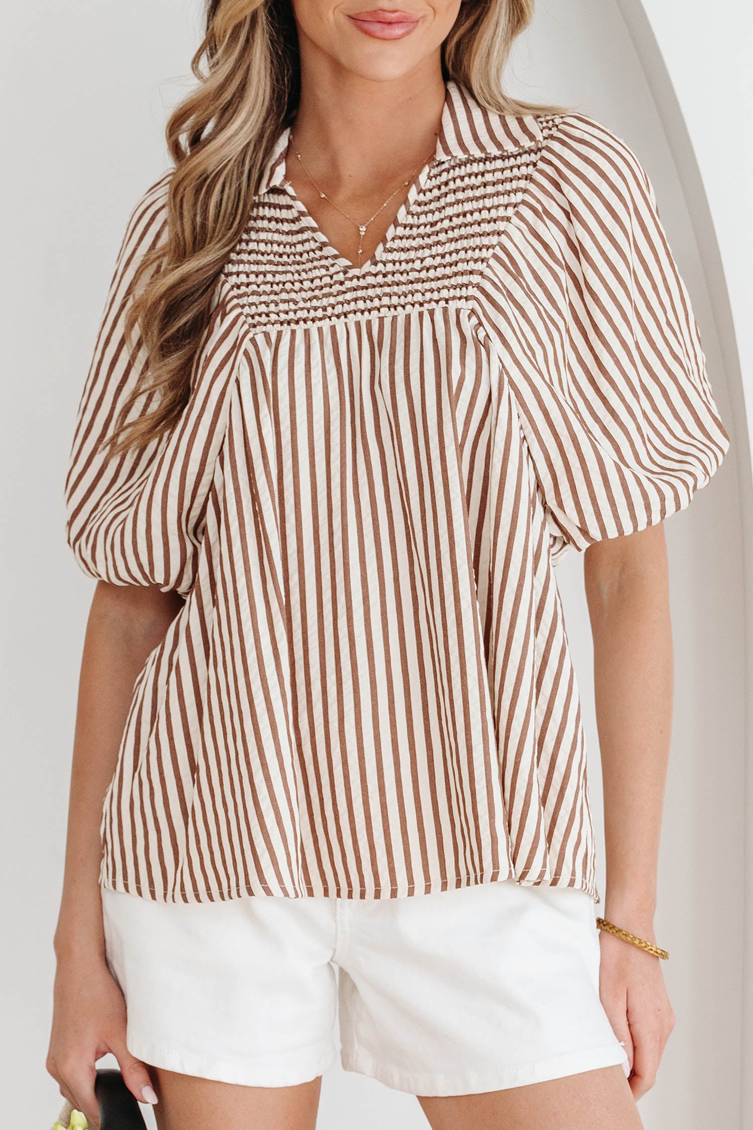 Brown Stripe Shirred V Neck Short Puff Sleeve Blouse