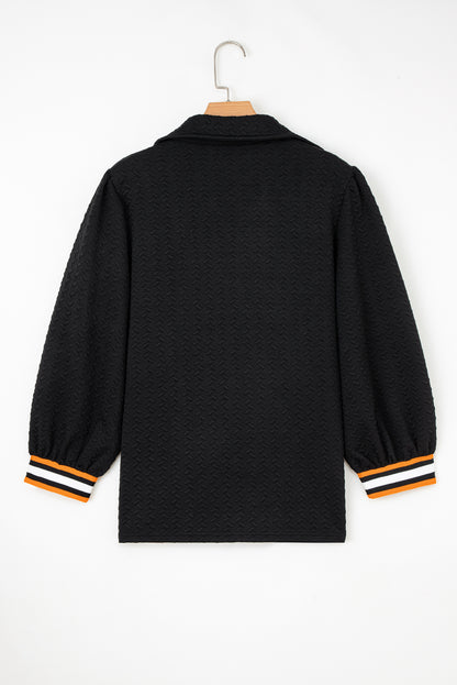 Black Stylish Textured Striped Patchwork Polo Collar Pullover Sweatshirt