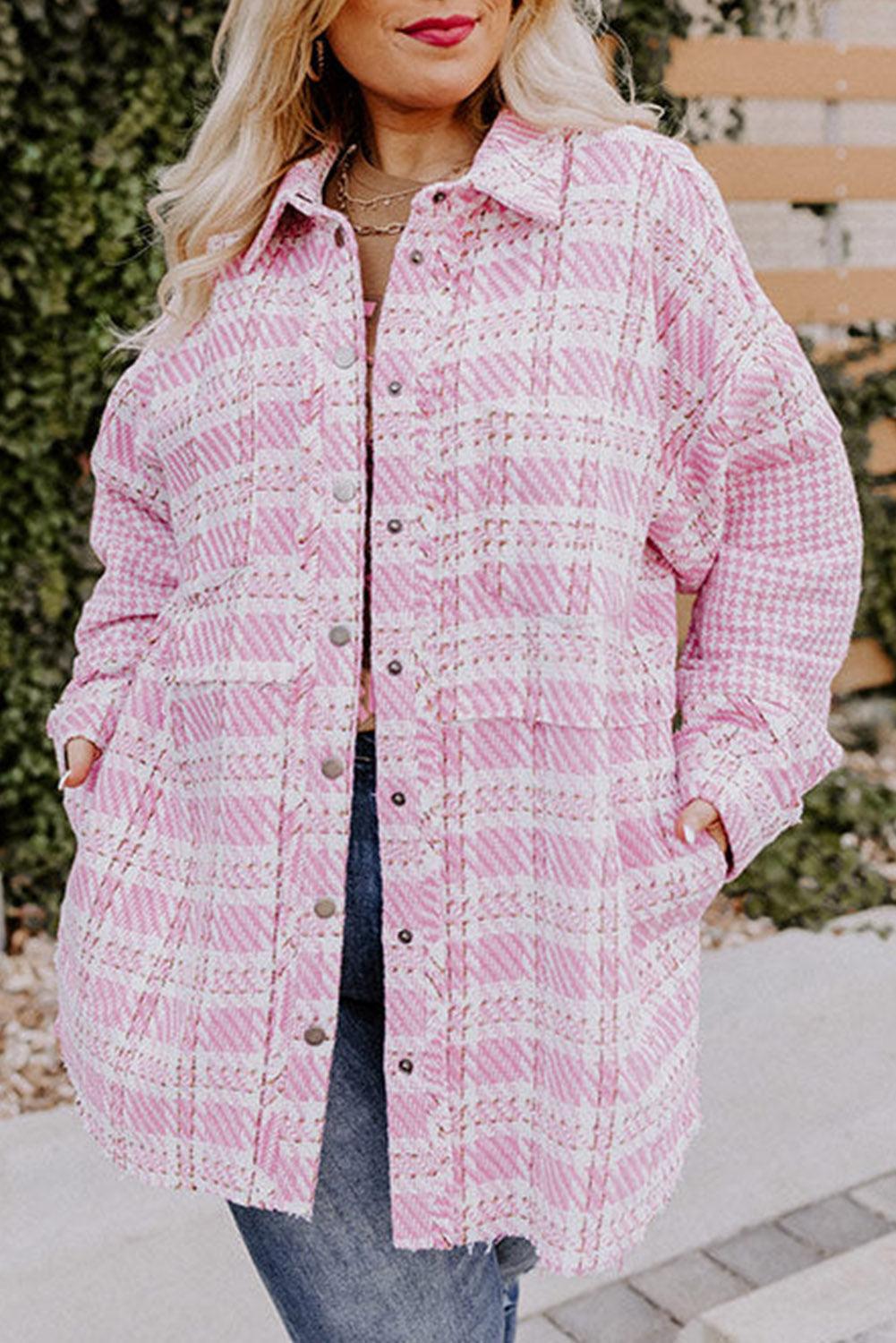 Pink Plus Size Tweed Plaid Houndstooth Print Jacket - L & M Kee, LLC