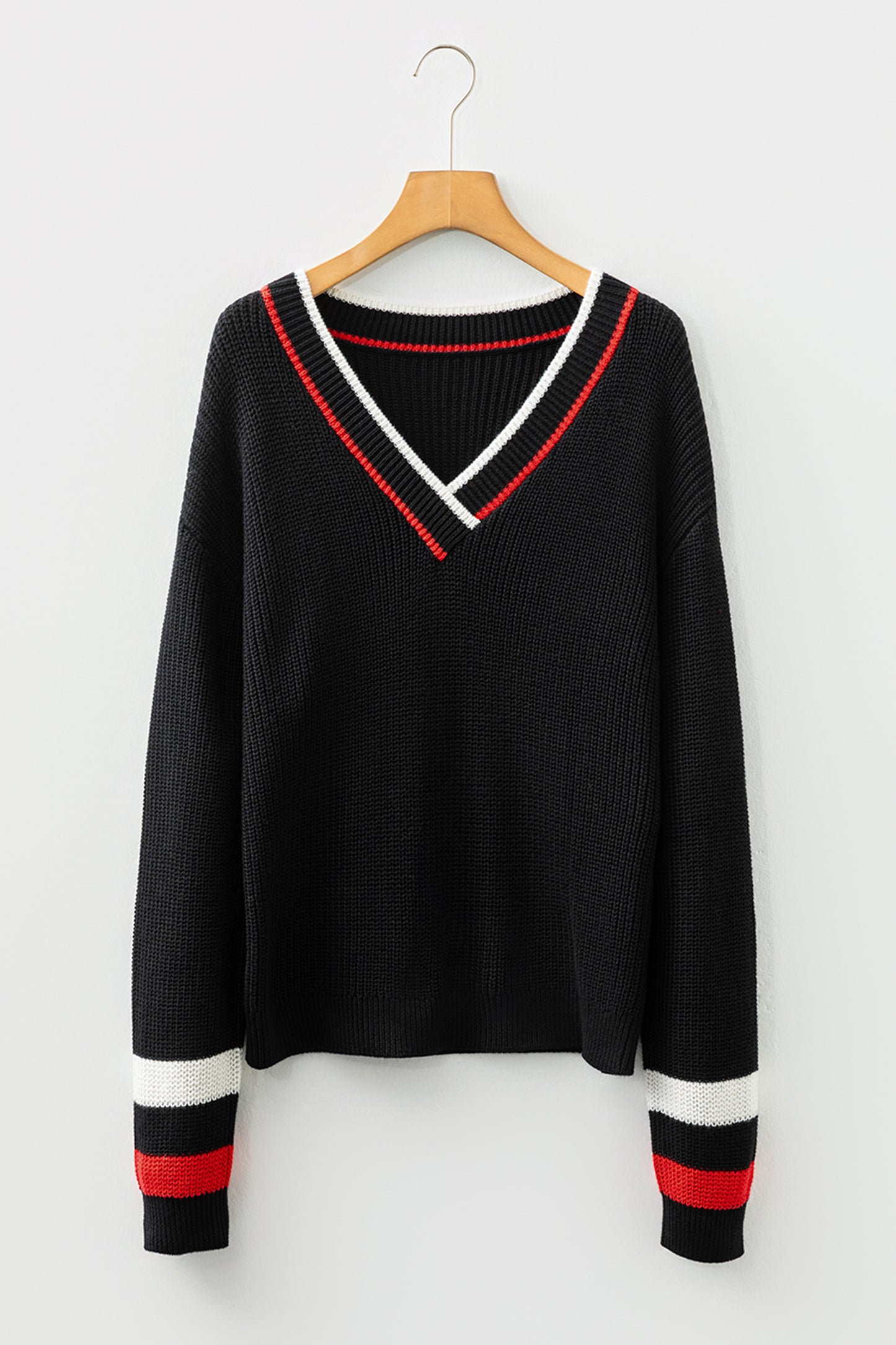 Black Contrast Striped Trim V Neck Drop Shoulder Sweater