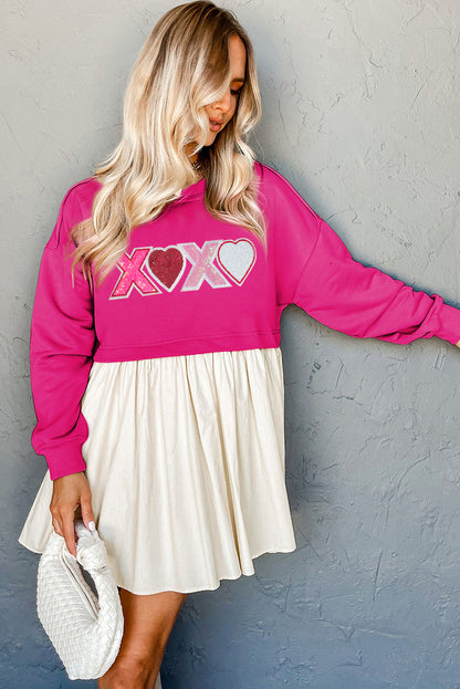 Rose Red Sequin Heart XOXO Graphic Colorblock Patchwork Hem Sweatshirt Dress