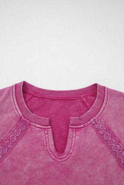 Rose Red Lace Patchwork Detail Notched Neck Mineral Wash Baggy Sweatshirt