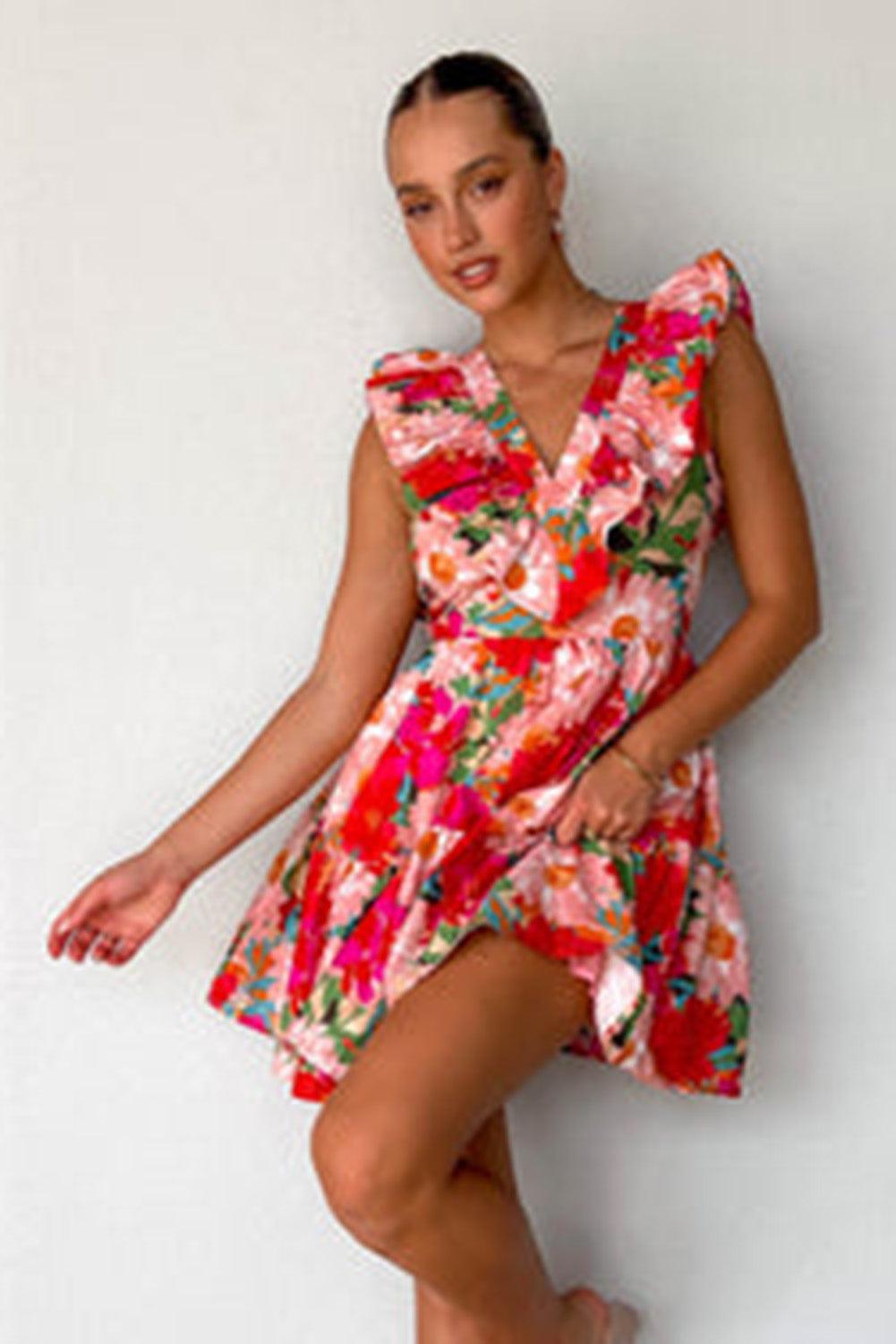 Floral Sleeveless V Neck Frill Mini Dress - L & M Kee, LLC