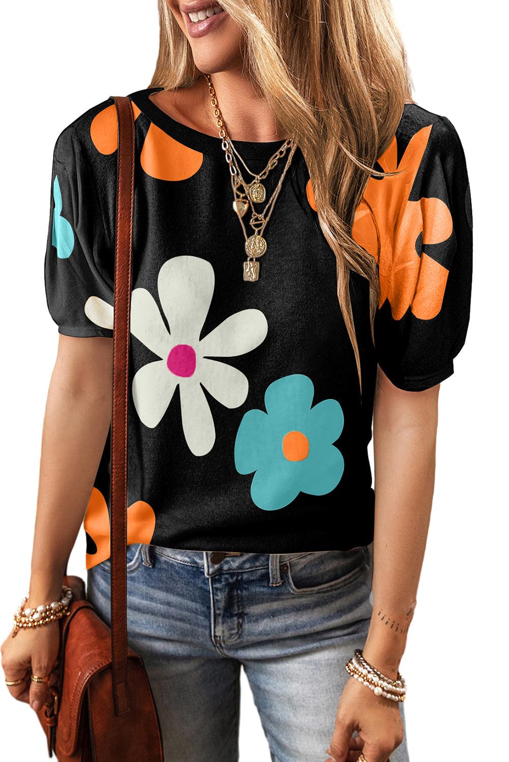 Black Flower/Bowknot Print Bubble Sleeve Tee - L & M Kee, LLC