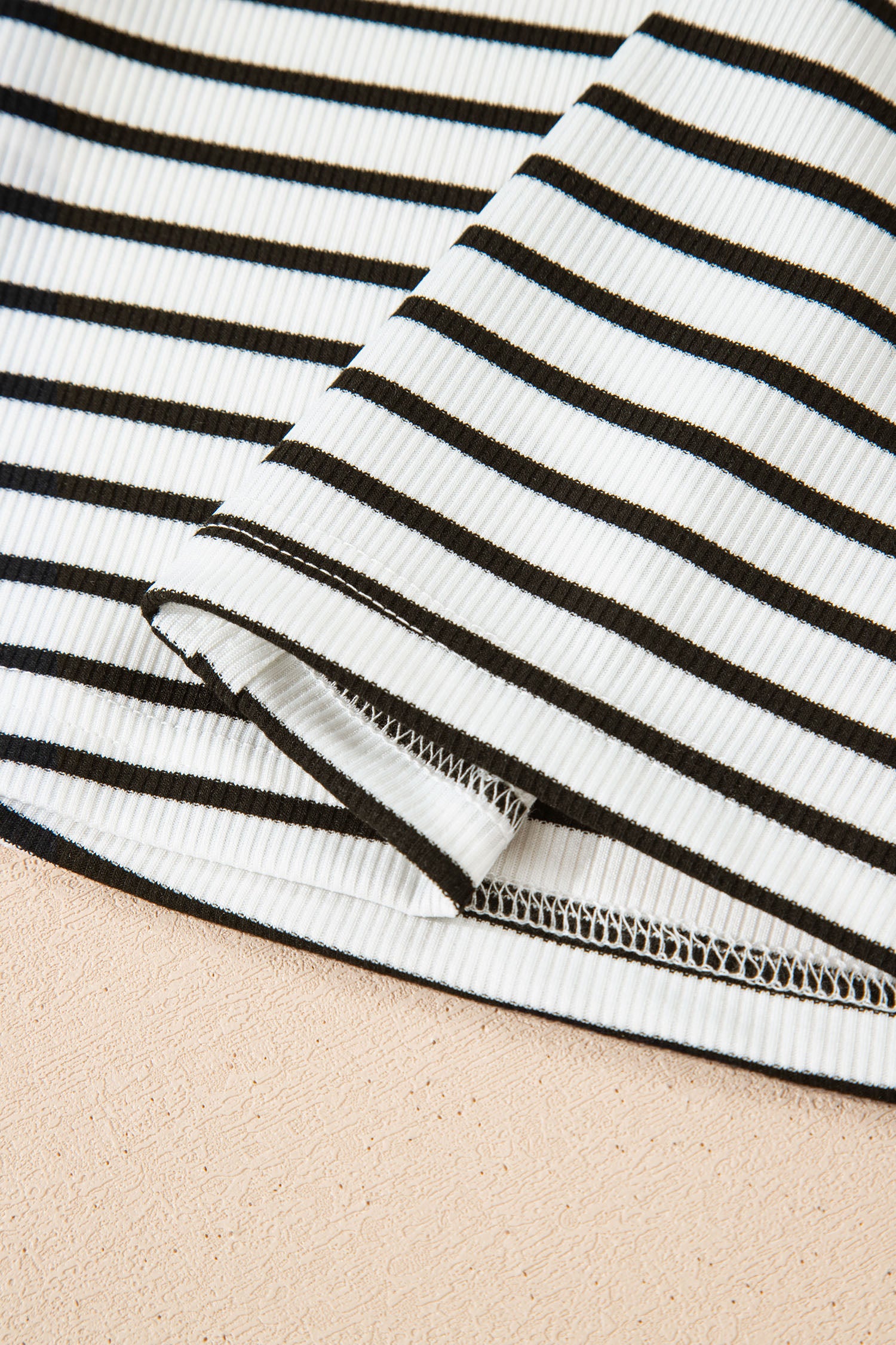 Black Stripe Ribbed Knit Half Button Long Sleeve Slim Top