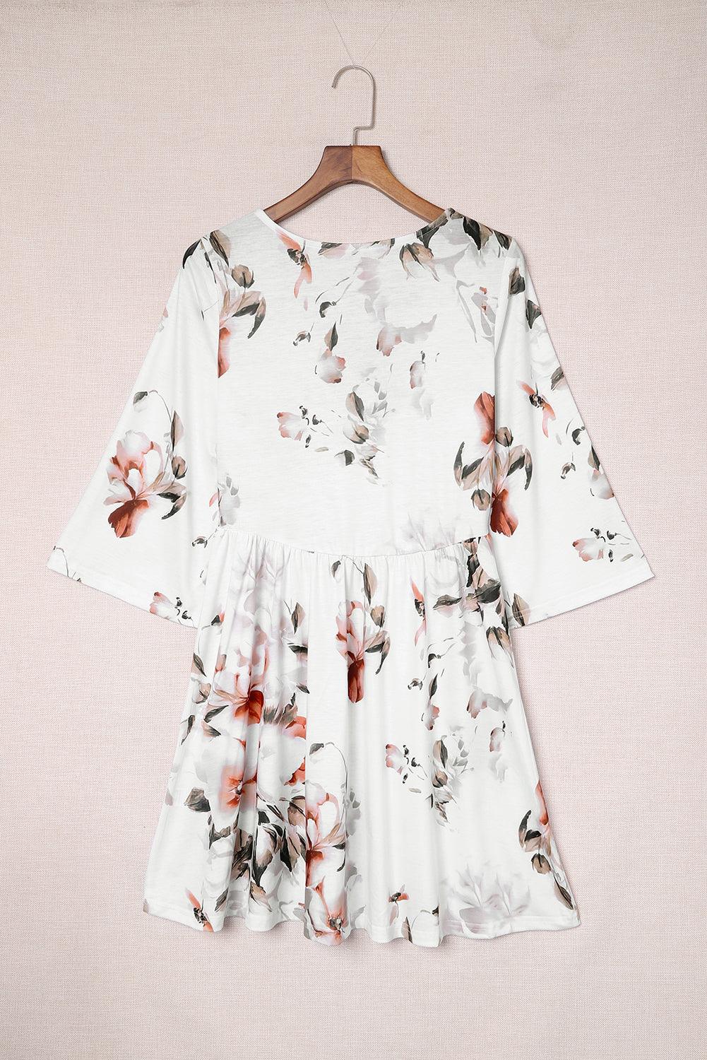 V Neck 3/4 Sleeve Floral Dress - L & M Kee, LLC