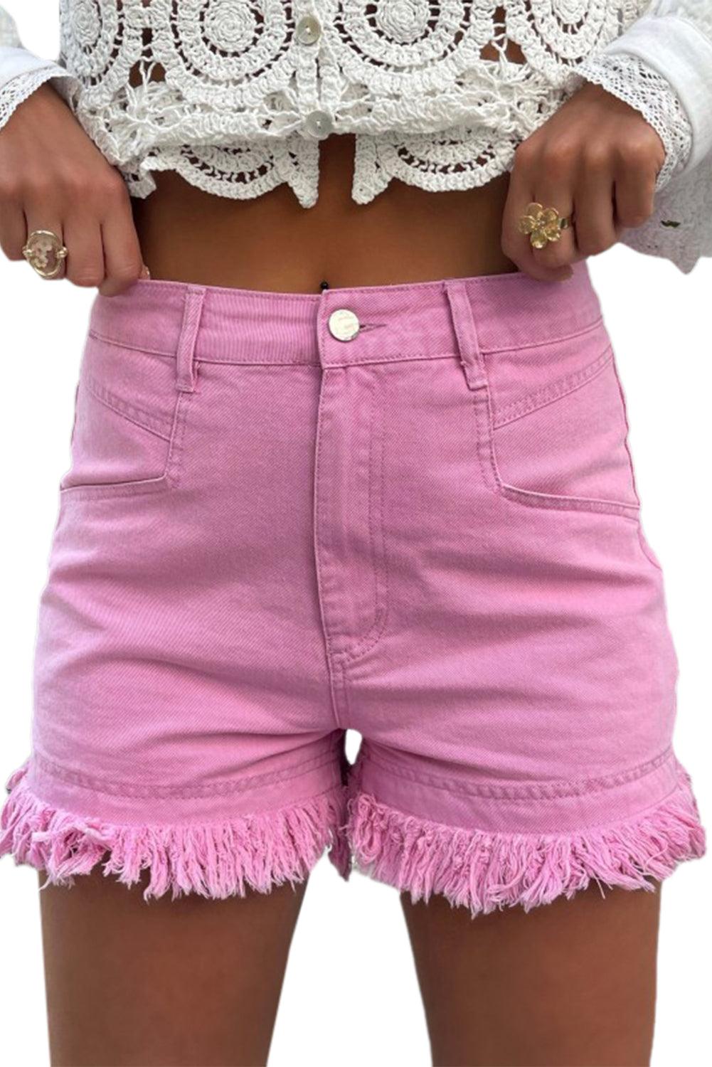 Pink Frayed Edge Mid Rise Denim Shorts - L & M Kee, LLC