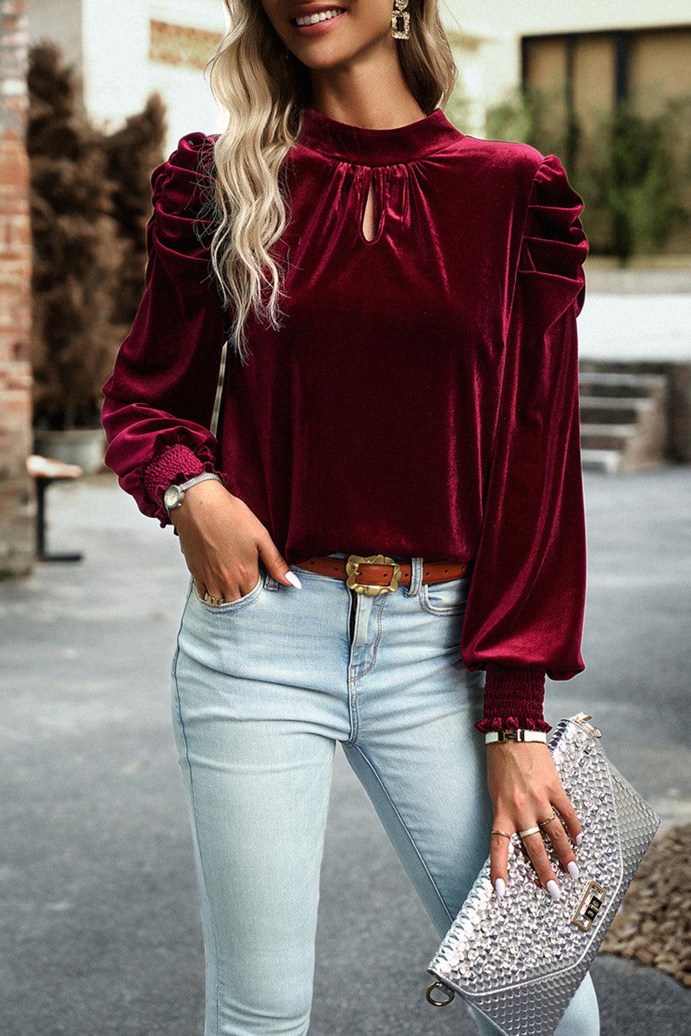 Fiery Red Mock Neck Puff Sleeve Velvet Blouse - L & M Kee, LLC