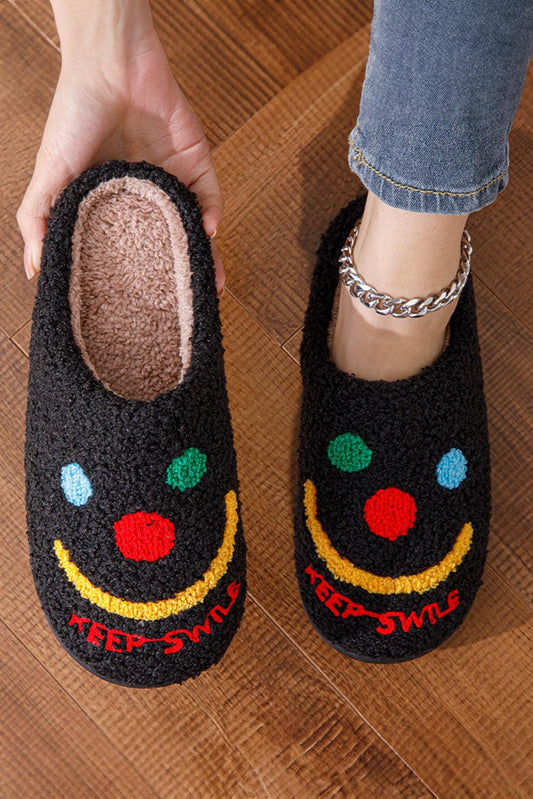 Black Keep Smile Printed Sherpa Home Slippers - L & M Kee, LLC