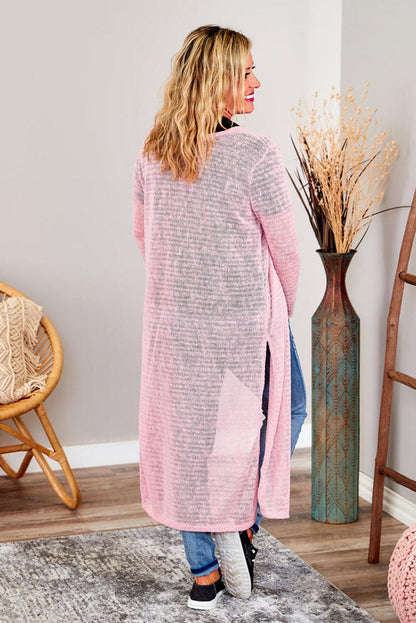 Pink Sheer Knitted Long Side Slit Plus Size Cardigan - L & M Kee, LLC