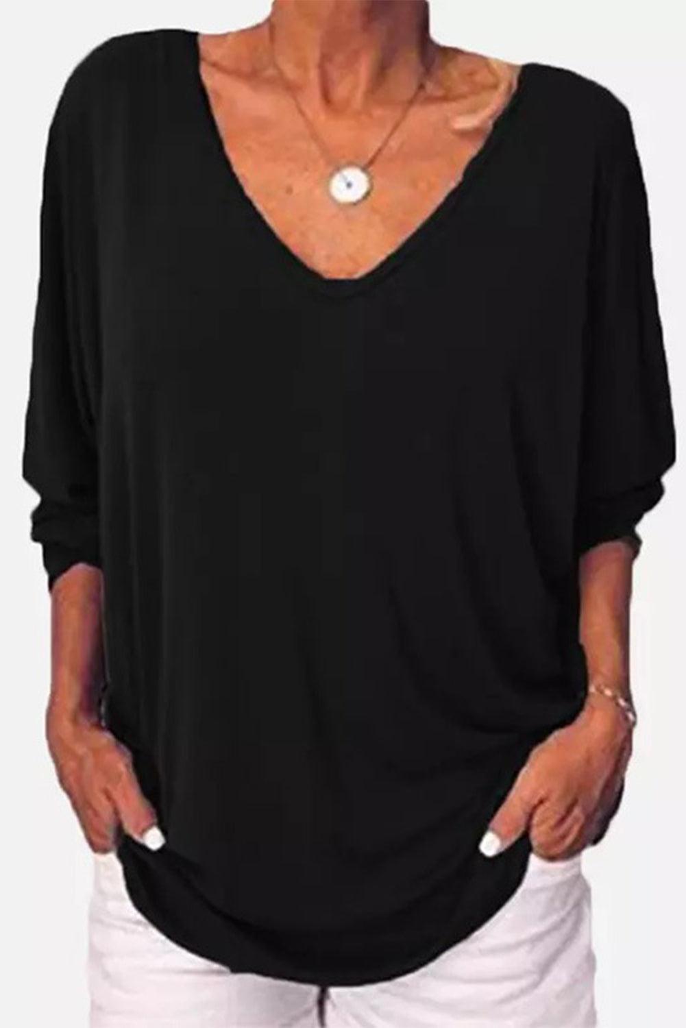 Black Button Decor Loose Fit V Neck Top - L & M Kee, LLC