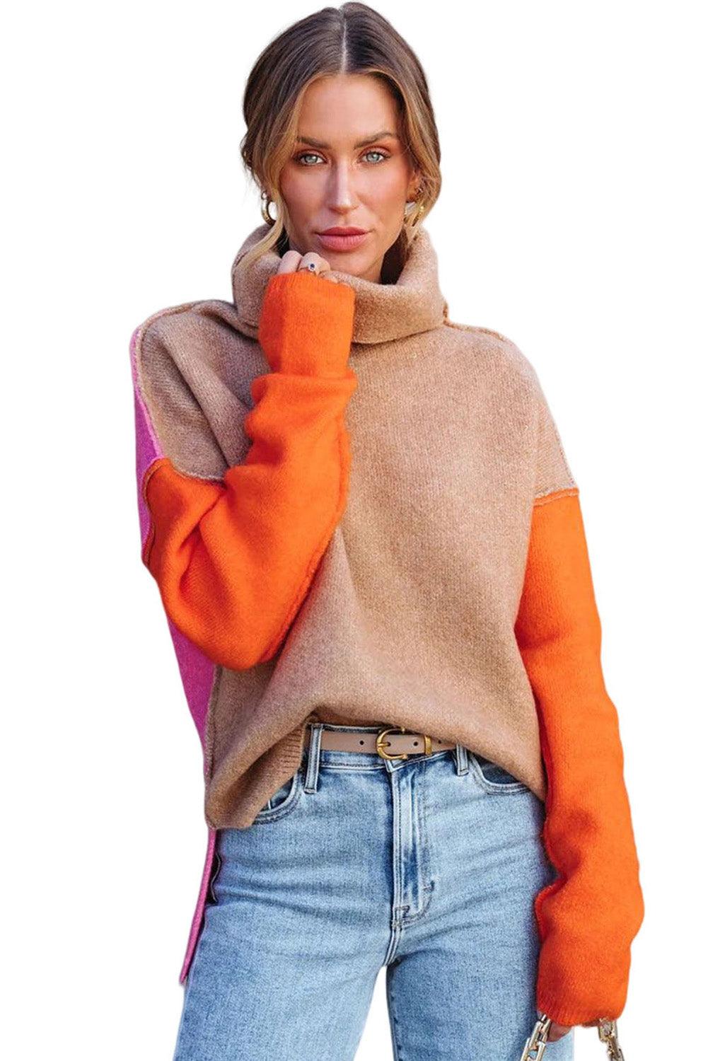 Khaki Color Block Turtle Neck Drop Shoulder Knit Sweater - L & M Kee, LLC