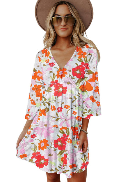 V Neck 3/4 Sleeve Floral Dress - L & M Kee, LLC